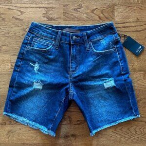 Joes jeans denim shorts 24 dark blue jorts cut off mid thigh distressed raw hem